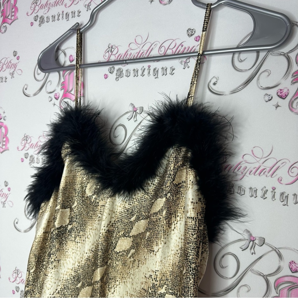 Cinema exoile fur Snake Print Dress Black Fur Trim furry feathers - Picture 5 of 6